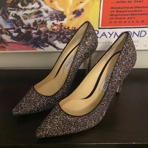 Jimmy Choo black and gold sparkly heels